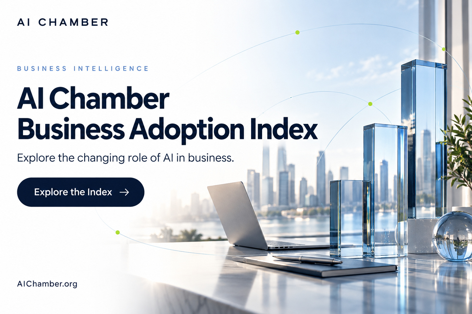 AI Chamber Business Adoption Index. Explore the changing role of AI in business. Glass towers and a laptop illustrate business intelligence.