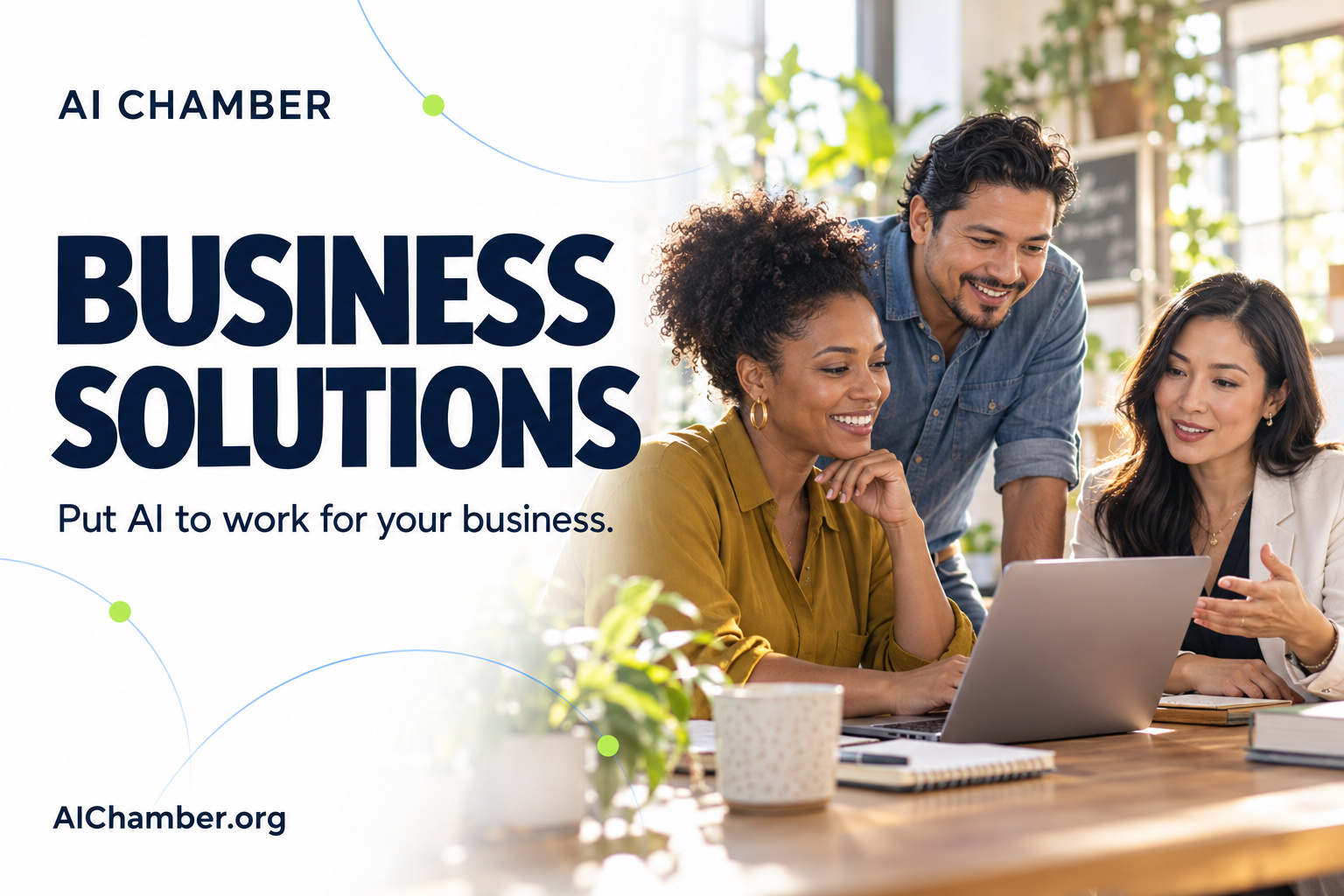 AI Chamber Business Solutions. Put AI to work for your business. A diverse team collaborates with a laptop.