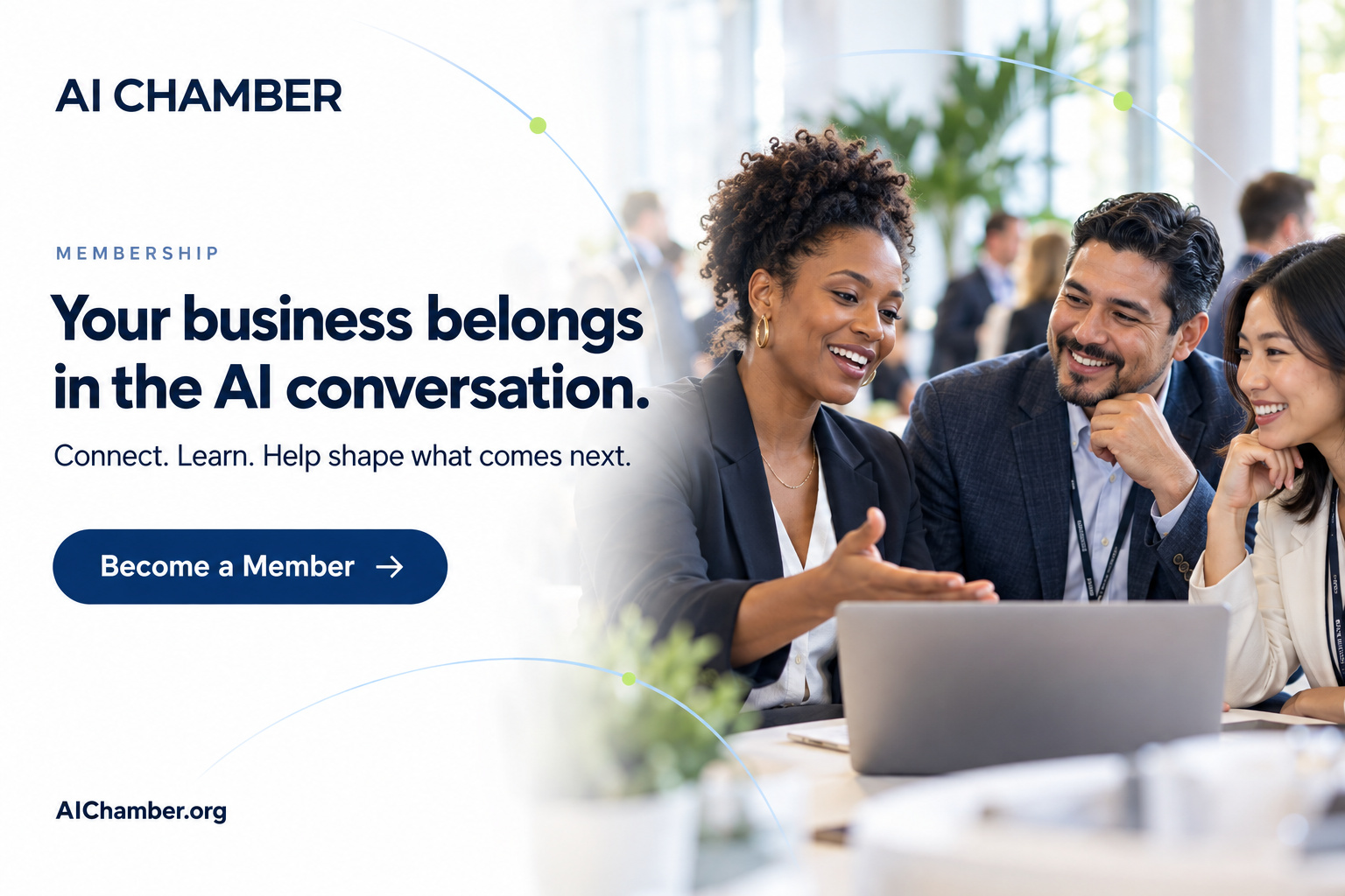 AI Chamber Membership. Your business belongs in the AI conversation. Diverse business leaders collaborate around a laptop. Become a Member.